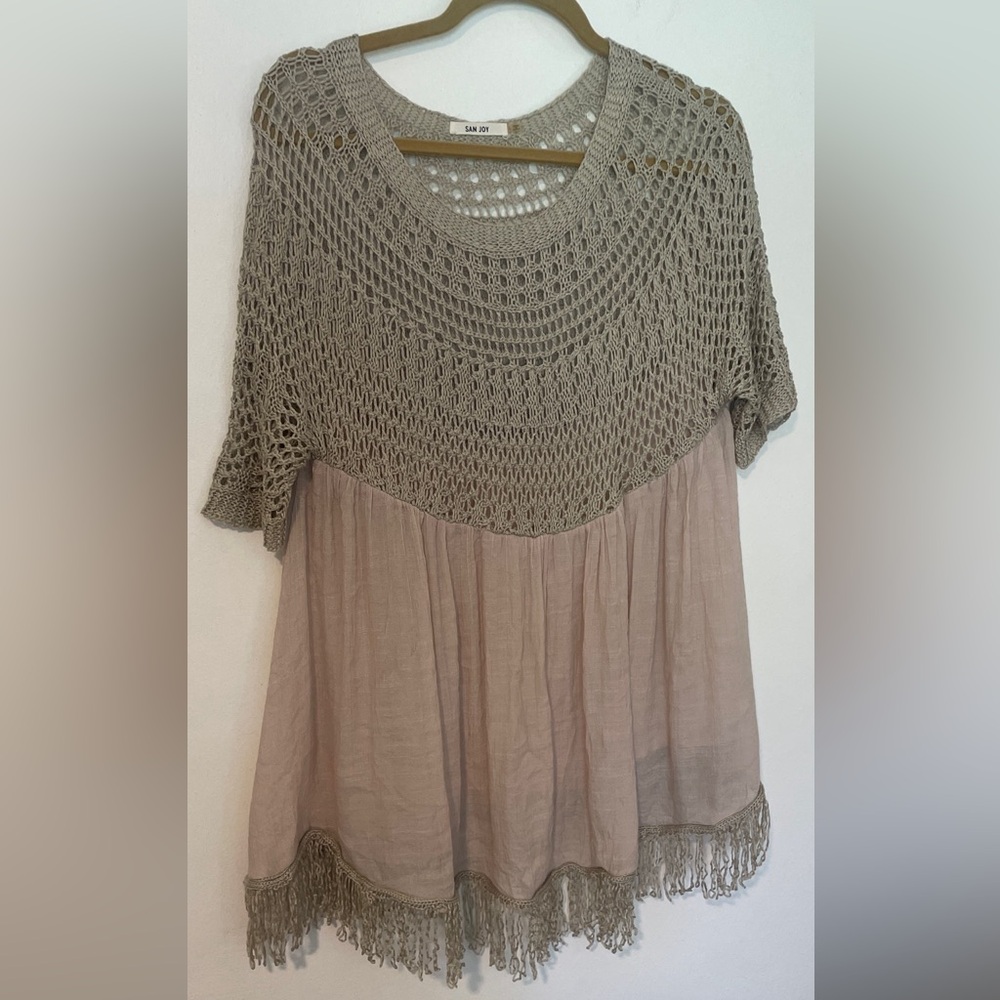 San Joy Crochet Knit Top in Cream and Tan Small